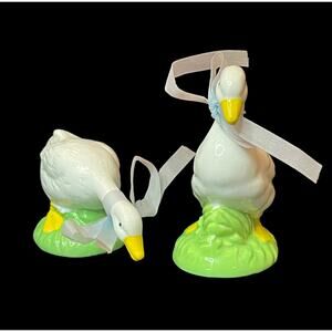 Cute Miniature Porcelain White Ducks Geese with Bows From Japan Set of 2 Vintage